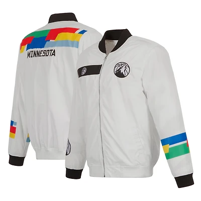Men's JH Design White Minnesota Timberwolves 2022/23 City Edition Full-Zip Nylon Bomber Jacket