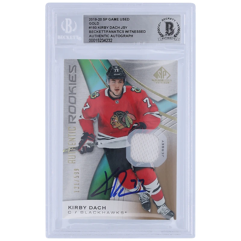 Kirby Dach Chicago Blackhawks Autographed 2019-20 Upper Deck SP Game Used Gold Authentic Rookies Relic #193 #/599 Beckett Fanatics Witnessed Authenticated Rookie Card