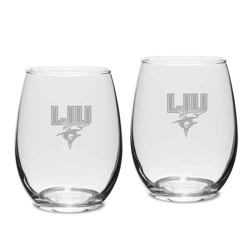 LIU Sharks Team Design Two-Piece 15oz. Stemless Wine Glass Set