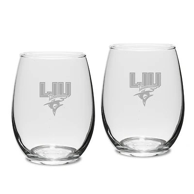 LIU Sharks Team Design Two-Piece 15oz. Stemless Wine Glass Set