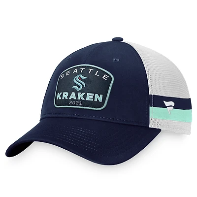 Men's Fanatics Deep Sea Blue/White Seattle Kraken Fundamental Striped Trucker Adjustable Hat