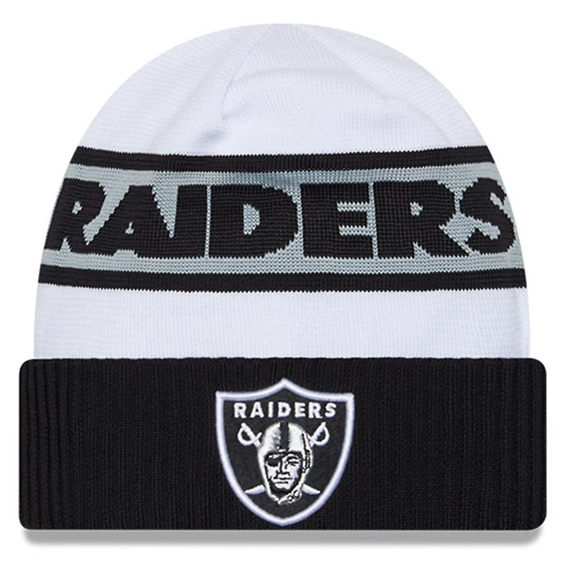 Men's New Era White/Black Las Vegas Raiders 2023 Sideline Tech Cuffed Knit Hat