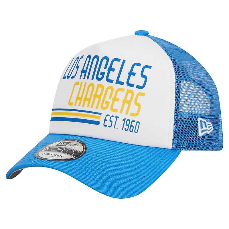 Men's New Era White/Powder Blue Los Angeles Chargers Stacked A-Frame Trucker 9FORTY Adjustable Hat