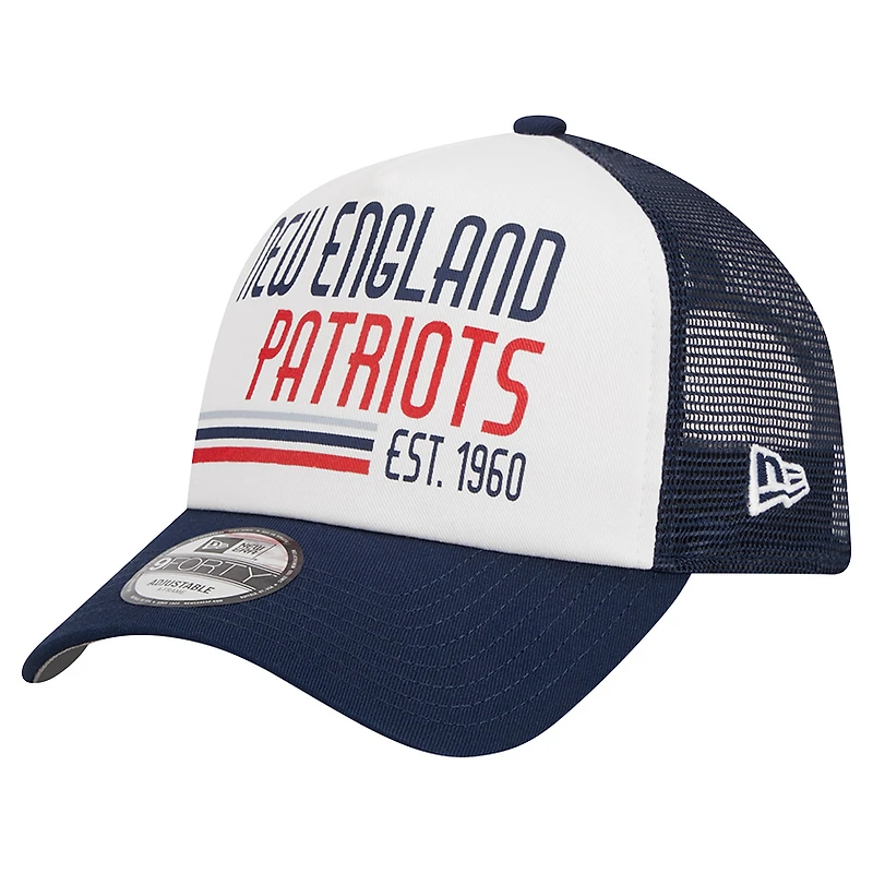 Men's New Era White/Navy New England Patriots Stacked A-Frame Trucker 9FORTY Adjustable Hat