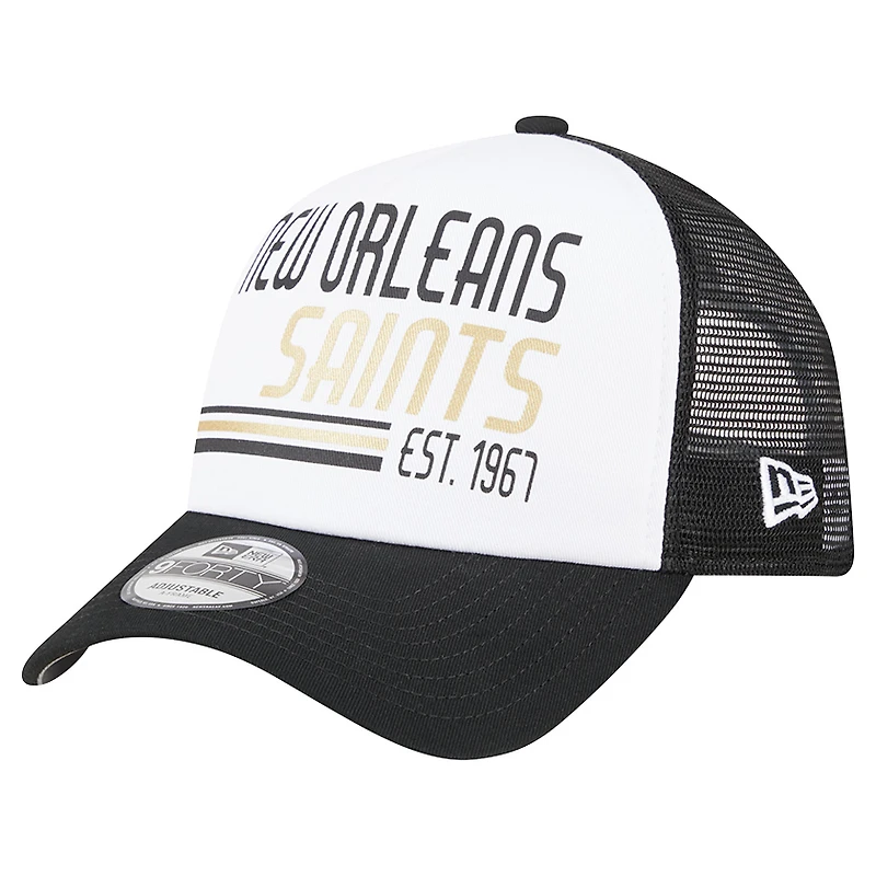 Men's New Era White/Black New Orleans Saints Stacked A-Frame Trucker 9FORTY Adjustable Hat