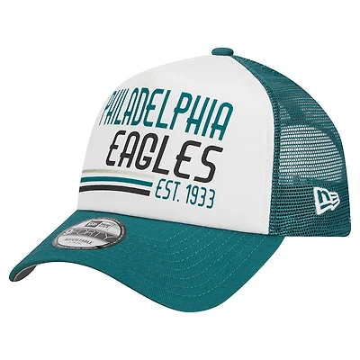 Men's New Era White/Midnight Green Philadelphia Eagles Stacked A-Frame Trucker 9FORTY Adjustable Hat
