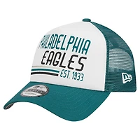 Men's New Era White/Midnight Green Philadelphia Eagles Stacked A-Frame Trucker 9FORTY Adjustable Hat