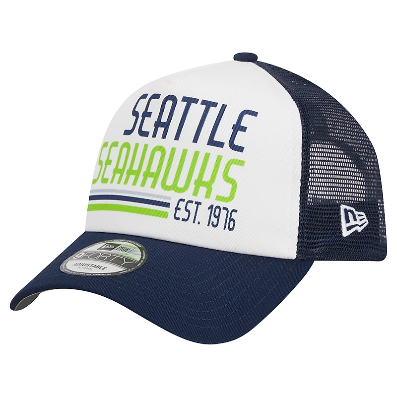 Men's New Era White/College Navy Seattle Seahawks Stacked A-Frame Trucker 9FORTY Adjustable Hat