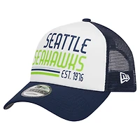 Men's New Era White/College Navy Seattle Seahawks Stacked A-Frame Trucker 9FORTY Adjustable Hat