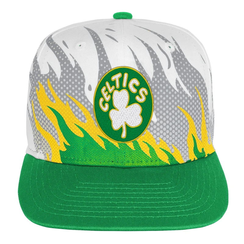 Youth Mitchell & Ness White Boston Celtics Hot Fire Flat Brim Snapback Hat
