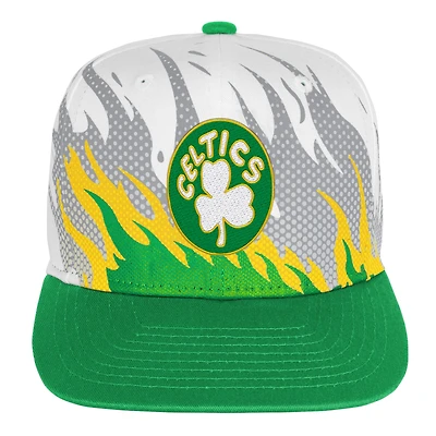 Youth Mitchell & Ness White Boston Celtics Hot Fire Flat Brim Snapback Hat