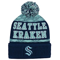Youth Seattle Kraken Deep Sea Blue Puck Cuffed Knit Hat with Pom