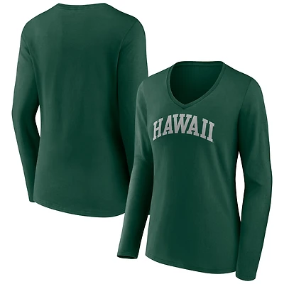 Women's Green Hawaii Warriors Basic Arch Long Sleeve V-Neck T-Shirt