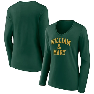 Women's Green William & Mary Tribe Basic Arch Long Sleeve V-Neck T-Shirt