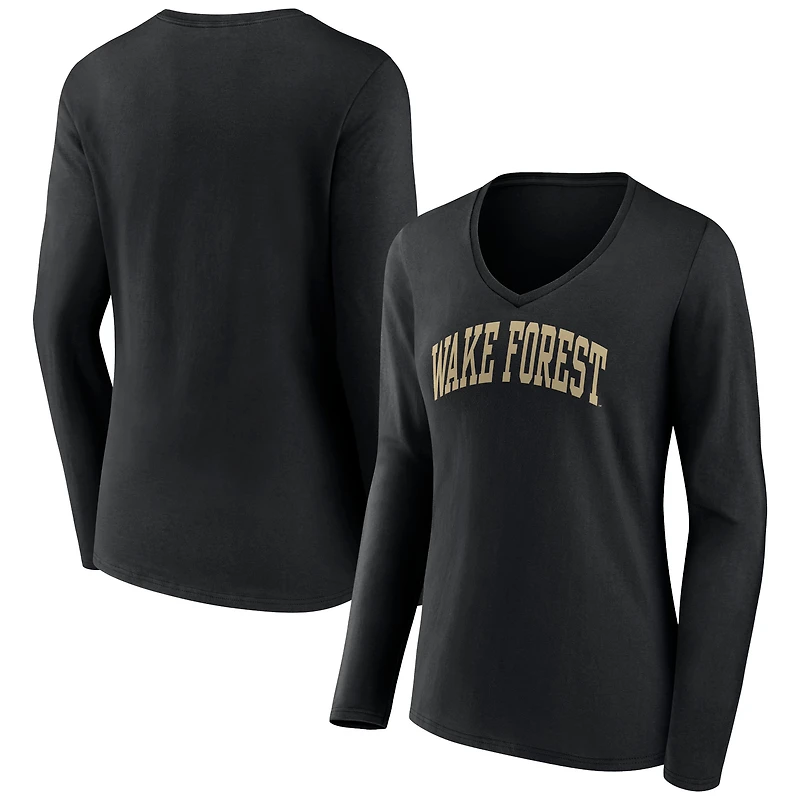 Women's Black Wake Forest Demon Deacons Basic Arch Long Sleeve V-Neck T-Shirt