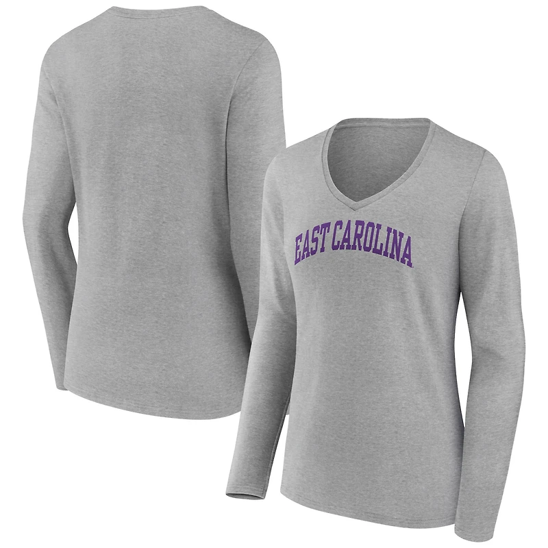 Women's Gray ECU Pirates Basic Arch Long Sleeve V-Neck T-Shirt