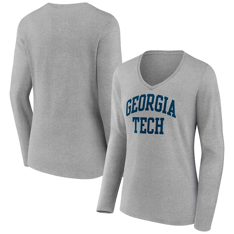 Women's Gray GA Tech Yellow Jackets Basic Arch Long Sleeve V-Neck T-Shirt