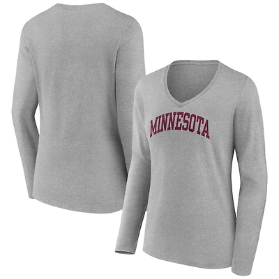 Women's Gray Minnesota Golden Gophers Basic Arch Long Sleeve V-Neck T-Shirt