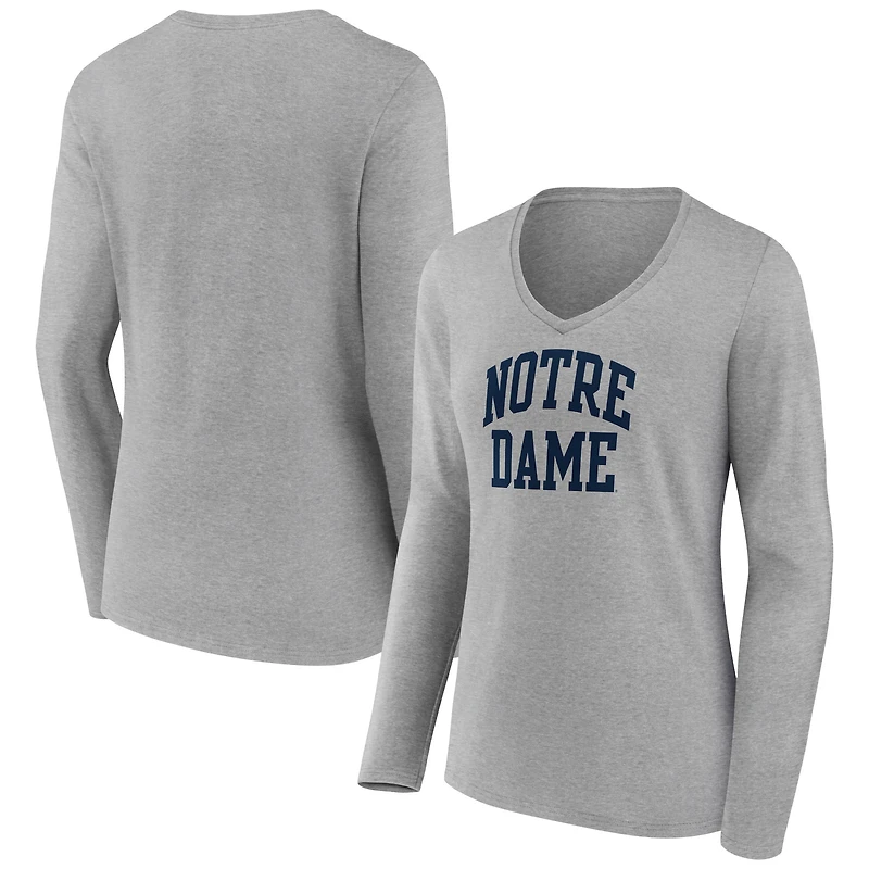 Women's Gray Notre Dame Fighting Irish Basic Arch Long Sleeve V-Neck T-Shirt