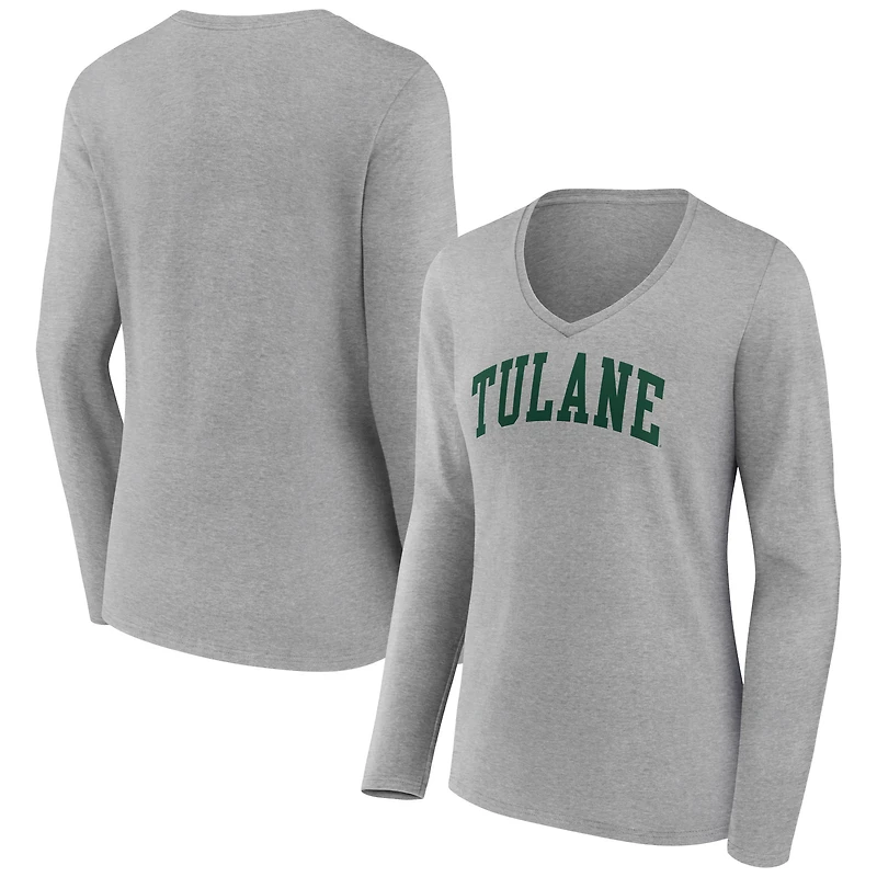 Women's Gray Tulane Green Wave Basic Arch Long Sleeve V-Neck T-Shirt