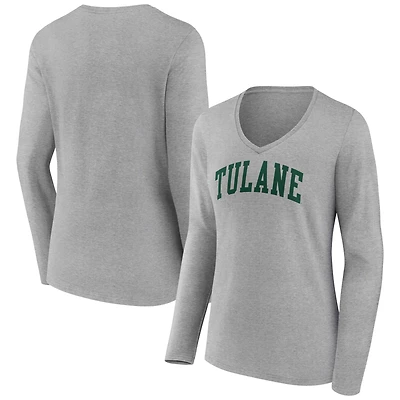Women's Gray Tulane Green Wave Basic Arch Long Sleeve V-Neck T-Shirt