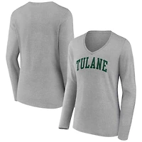 Women's Gray Tulane Green Wave Basic Arch Long Sleeve V-Neck T-Shirt