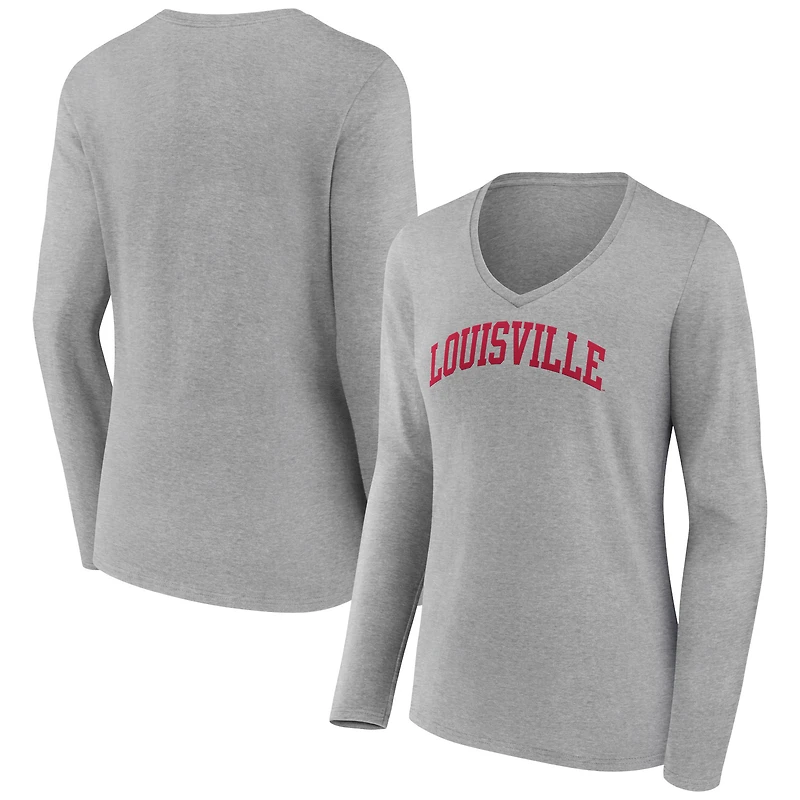 Women's Gray Louisville Cardinals Basic Arch Long Sleeve V-Neck T-Shirt