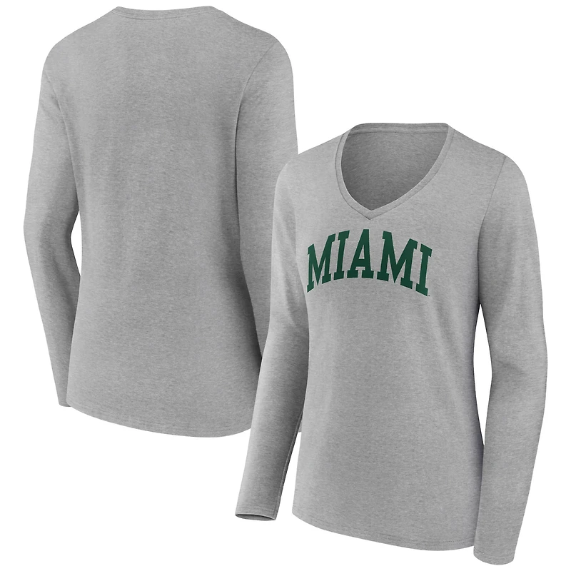 Women's Gray Miami Hurricanes Basic Arch Long Sleeve V-Neck T-Shirt