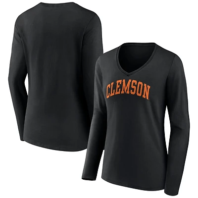 Women's Black Clemson Tigers Basic Arch Long Sleeve V-Neck T-Shirt