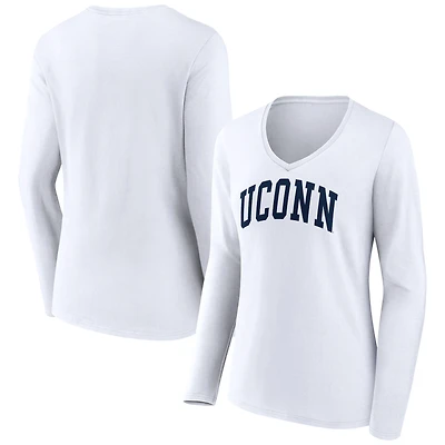 Women's White UConn Huskies Basic Arch Long Sleeve V-Neck T-Shirt