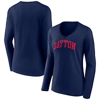 Women's Navy Dayton Flyers Basic Arch Long Sleeve V-Neck T-Shirt