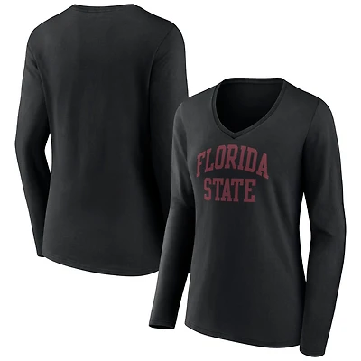 Women's Black Florida State Seminoles Basic Arch Long Sleeve V-Neck T-Shirt