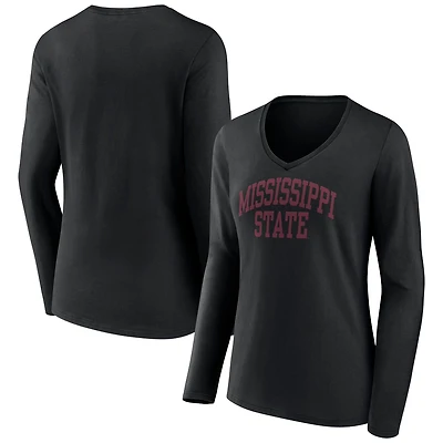 Women's Black Mississippi State Bulldogs Basic Arch Long Sleeve V-Neck T-Shirt