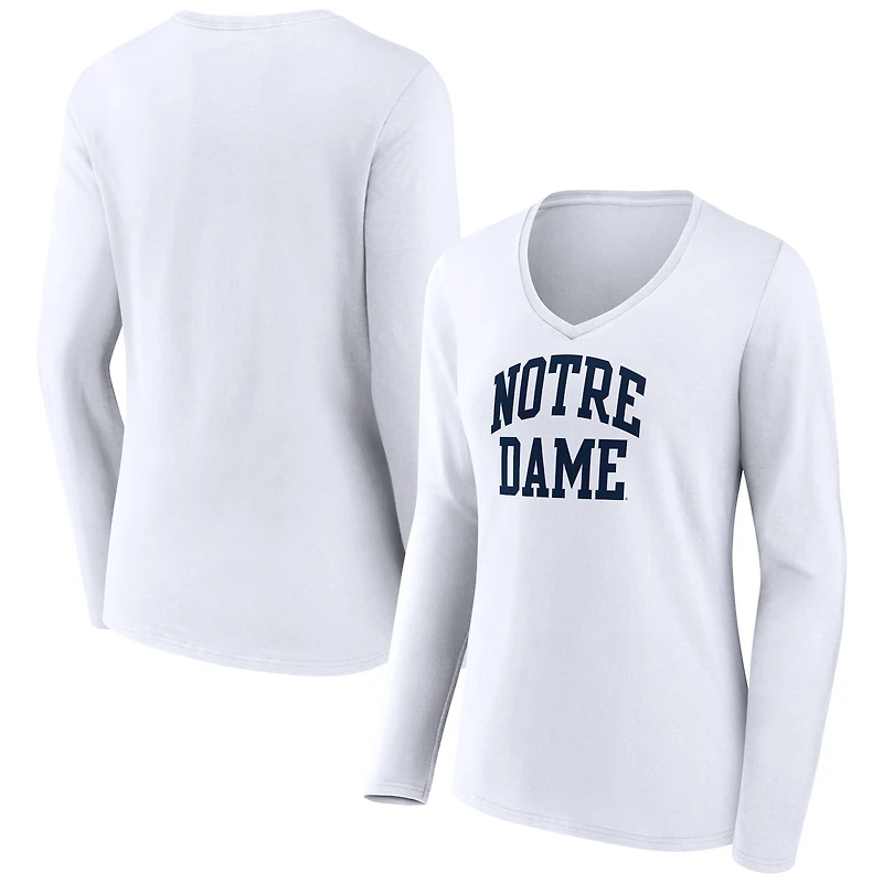 Women's White Notre Dame Fighting Irish Basic Arch Long Sleeve V-Neck T-Shirt