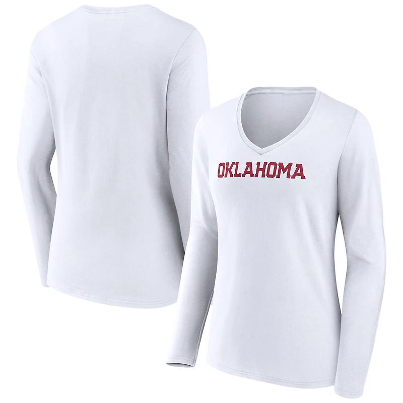 Women's White Oklahoma Sooners Basic Arch Long Sleeve V-Neck T-Shirt