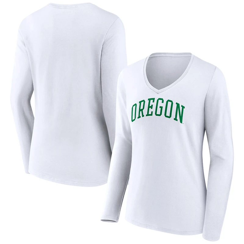 Women's White Oregon Ducks Basic Arch Long Sleeve V-Neck T-Shirt