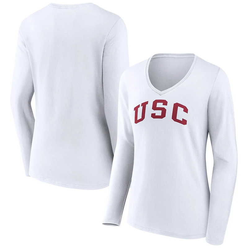 Women's White USC Trojans Basic Arch Long Sleeve V-Neck T-Shirt