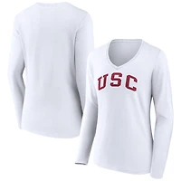 Women's White USC Trojans Basic Arch Long Sleeve V-Neck T-Shirt