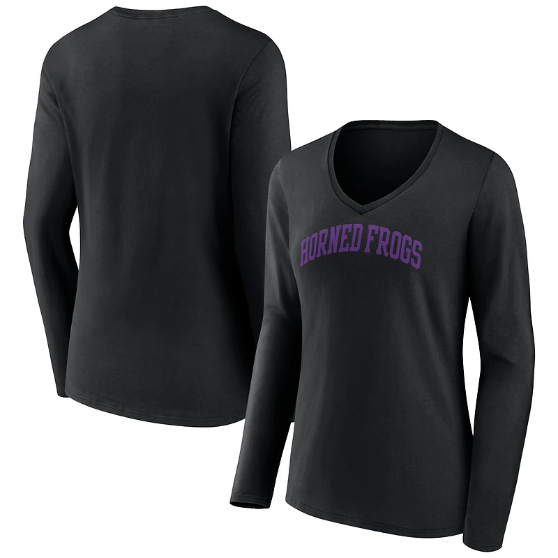 Women's Black TCU Horned Frogs Basic Arch Long Sleeve V-Neck T-Shirt