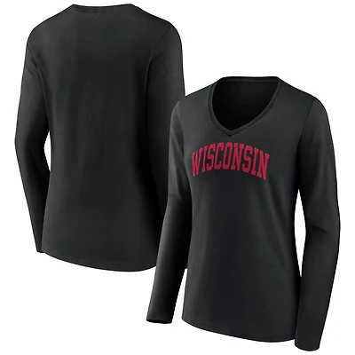 Women's Black Wisconsin Badgers Basic Arch Long Sleeve V-Neck T-Shirt
