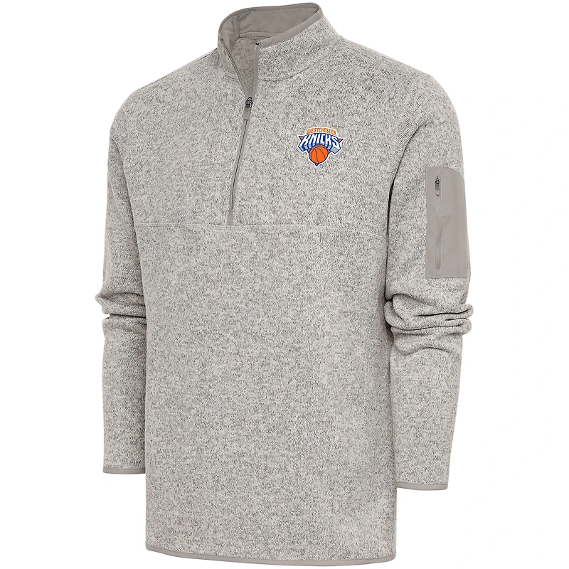 Men's Antigua Oatmeal Westchester Knicks Fortune Quarter-Zip Pullover Jacket