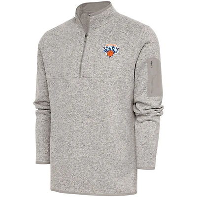 Men's Antigua Oatmeal Westchester Knicks Fortune Quarter-Zip Pullover Jacket