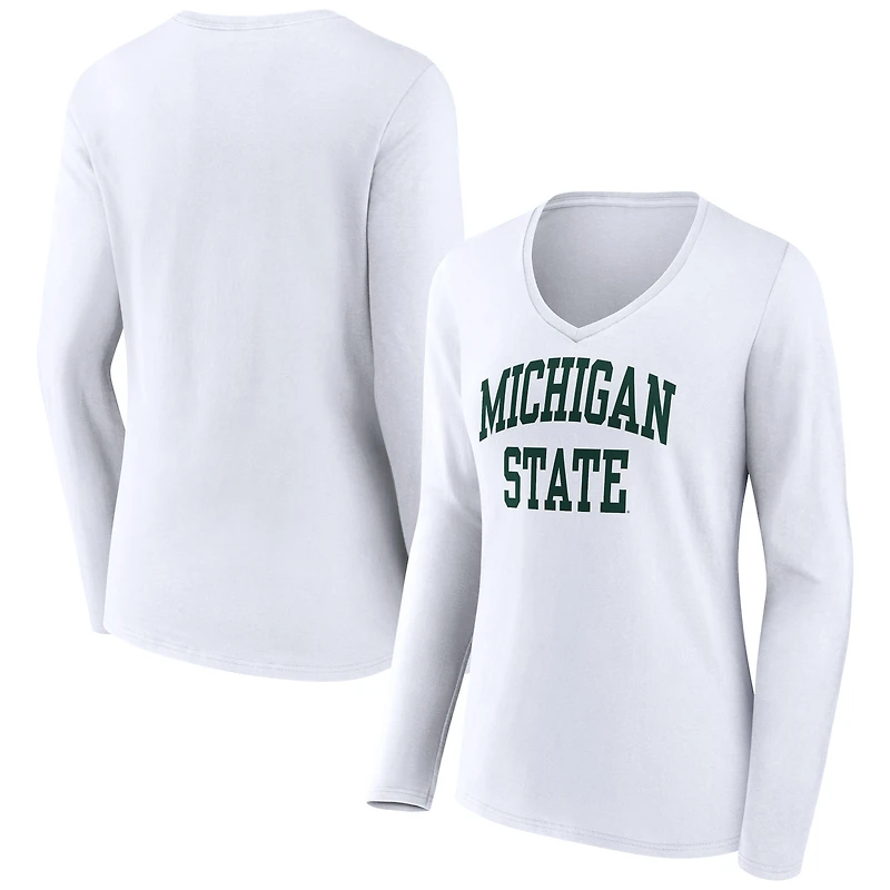 Women's White Michigan State Spartans Basic Arch Long Sleeve V-Neck T-Shirt