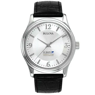 Men's Surry Community College Bulova Silver-Tone Stainless Steel Watch with Leather Strap