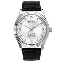 Men's Surry Community College Bulova Silver-Tone Stainless Steel Watch with Leather Strap