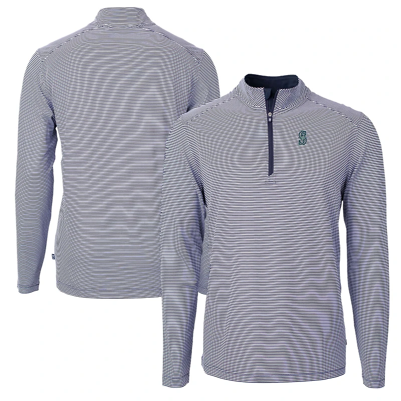 Men's Cutter & Buck Navy/White Seattle Mariners Virtue Eco Pique Micro Stripe Recycled Quarter-Zip Pullover Top