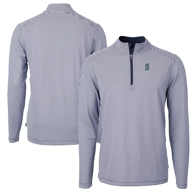 Men's Cutter & Buck Navy/White Seattle Mariners Virtue Eco Pique Micro Stripe Recycled Quarter-Zip Pullover Top