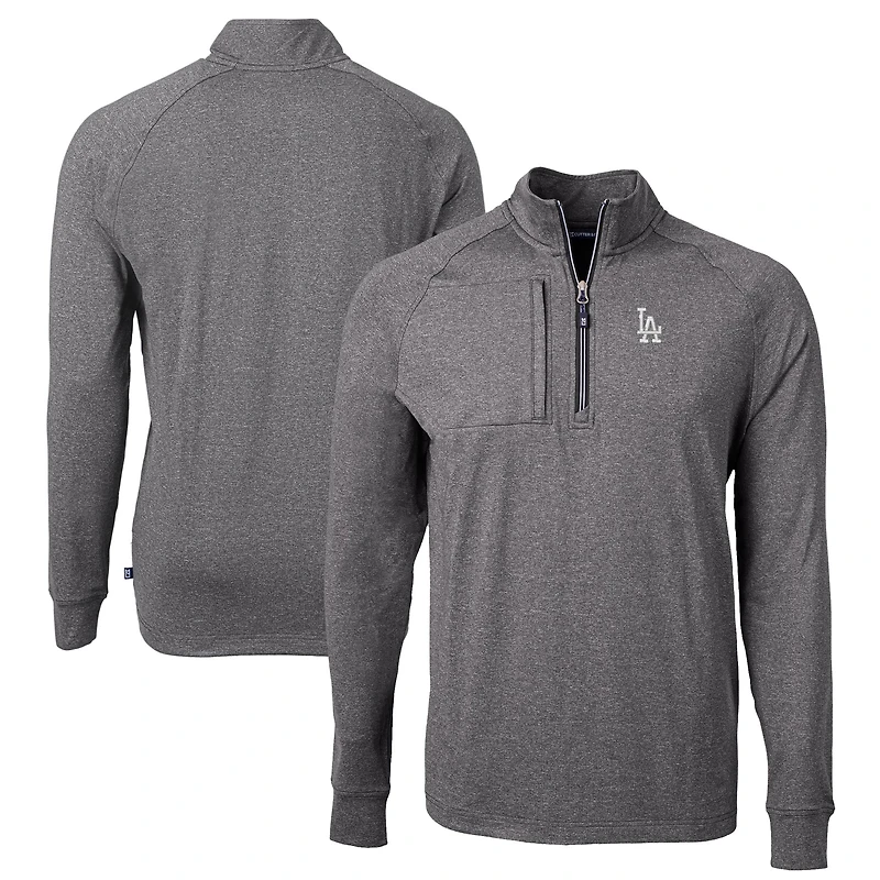 Men's Cutter & Buck Heather Black Los Angeles Dodgers Adapt Eco Knit Stretch Recycled Quarter-Zip Pullover Top
