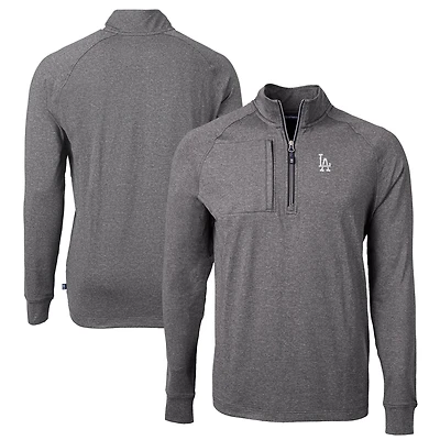Men's Cutter & Buck Heather Black Los Angeles Dodgers Adapt Eco Knit Stretch Recycled Quarter-Zip Pullover Top