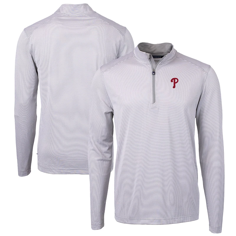 Men's Cutter & Buck Gray/White Philadelphia Phillies Virtue Eco Pique Micro Stripe Big & Tall Recycled Quarter-Zip Pullover Top